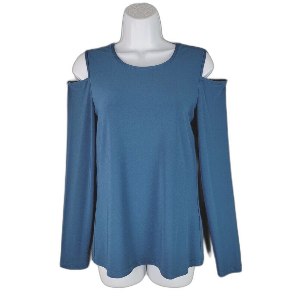Donna Karan Cold Shoulder Top Teal S Long Sleeve Stretch Jewel Tone